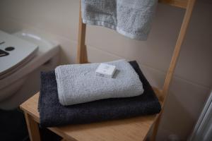 茨维考Zentral Smart Apartment的坐在厕所旁边的桌子上的毛巾