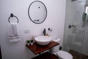 锡帕基拉Soare Country house的一间带水槽、镜子和淋浴的浴室