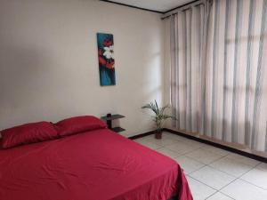 利蒙港Hospedaje Doña koko的一间卧室设有红色的床和窗户。