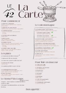 尚佩里Hôtel Le White - Le 42 Restaurant的咖啡馆菜单的一页