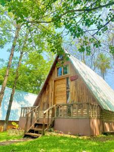 埃斯特城Cabaña del lago的茅草屋顶的树林小屋