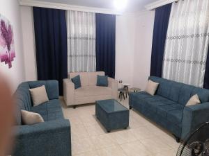 安曼Yaso Roof & Apartments的客厅配有2张蓝色沙发和1把椅子