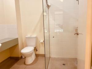 墨尔本Mary MacKillop Heritage Centre的一间带卫生间和玻璃淋浴间的浴室