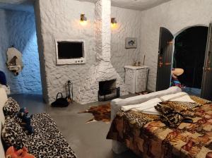 布埃诺布兰当Casa dos Flinstones, Vila Mágica的一间卧室设有石制壁炉,另一张床设有一张床铺。