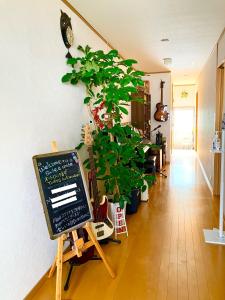 金泽ゲストハウス西金沢Smile&smile的一间种植了植物、一个黑板和一个吉他的房间