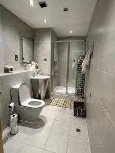 卡迪夫Fantastic and modern city centre flat with FREE parking!的浴室配有卫生间、盥洗盆和淋浴。