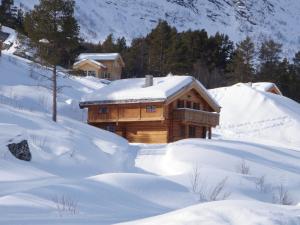 SkoroSkibyen Jons Hytte的雪中木屋,有雪盖屋顶
