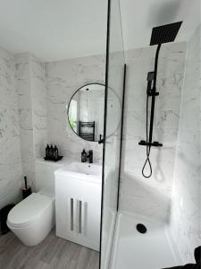 伦敦Stunning Newly Decorated Flat with Private Entrance的带淋浴、卫生间和盥洗盆的浴室
