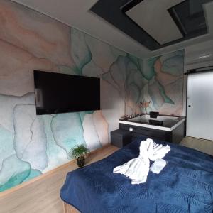 图霍拉Apartament w Tucholi的一间卧室配有电视和蓝色的床