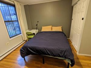 布鲁克林Luxury Double room in Williamsburg Ground floor Apartment near Subway的一间带床的卧室,位于带窗户的房间内