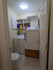 布鲁克林Luxury Double room in Williamsburg Ground floor Apartment near Subway的一间带卫生间和水槽的小浴室