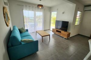 圣马丁岛Friar's beach - Luxurious unit by the beach的客厅配有蓝色的沙发和电视