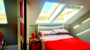DooaghSona Baile Home Stay的一间卧室设有天窗和一张红色床单。