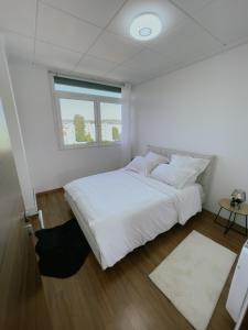 Soisy-sous-MontmorencyAppartement Cosy & Connecté à 15 min de Paris的卧室设有一张白色大床和一扇窗户。