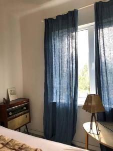 维尔纽斯Hillside country house - Long stays的一间卧室配有蓝色窗帘和窗户