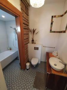 维尔纽斯Hillside country house - Long stays的浴室配有盥洗盆、卫生间和浴缸。