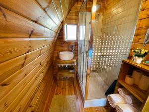 CorredouraThe Gold Pod, relax and enjoy on a Glamping house的客房内设有带水槽和淋浴的浴室