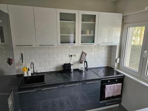 SurčinAeroVista Apartment的厨房配有黑色台面和白色橱柜