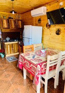 伊瓜苏港Cabaña Joshua的厨房配有桌椅和冰箱。