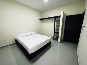莱蒂西亚Apartamentos Sin fronteras的卧室配有白色的床和书架
