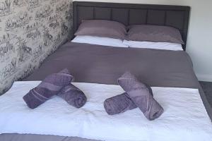 曼彻斯特Runway Airbnb的一张床上有三个紫色袜子的床