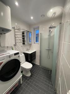 斯德哥尔摩Minihus i Enskede-Årsta-Vantörs的浴室配有卫生间、盥洗盆和淋浴。