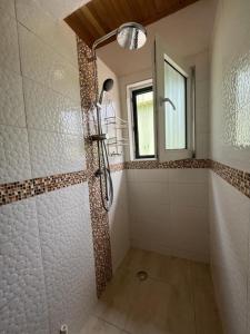 阿克拉Emron Homelodge的带淋浴的浴室和窗户。