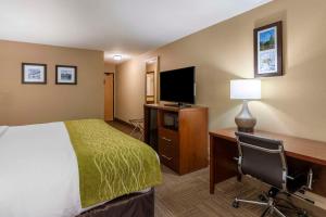 科林斯维尔Comfort Inn Collinsville near St Louis的酒店客房配有一张床、一张书桌和一台电视。