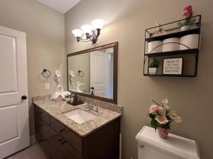 休斯顿MyCrib Houston Hostel的一间带水槽、镜子和卫生间的浴室