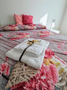 阿巴迪亚圣萨尔瓦托雷I Due Ciliegi的床上配有毯子和枕头