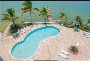 圣彼得堡Boca Ciega Resort的一个带椅子的游泳池,背景是大海