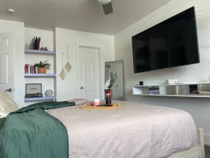 奥斯汀Mella House的一间卧室设有一张带平面电视的床。