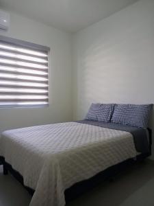 拉巴斯Casa Valtierra, La Paz的白色客房的一张床位,设有窗户