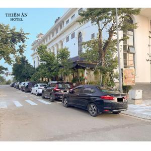 Thôn Dương PhẩmThiên Ân Hotel的停在大楼前的一排汽车