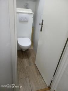 巴黎Sunlit Seine Cottage的一间带卫生间和白色门的浴室