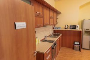 鲁塞Hostel CANTO的厨房配有木制橱柜、水槽和冰箱。