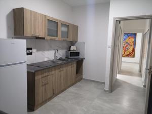 拉纳卡太阳堂海滩酒店公寓 的厨房配有木制橱柜和冰箱。
