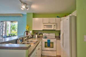 科纳Alii Villas Cozy 1BR Unit Near DT (5 Guests)的一间厨房,配有白色家电和绿色墙壁