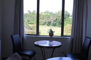 陶朗加McLaren Lake View的客房设有桌子、两把椅子和窗户。