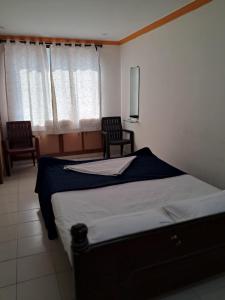 蒂鲁帕蒂Haritha Apartments的一间卧室配有一张大床和两把椅子