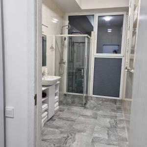 基希讷乌Glass Cube Hotel的白色的浴室设有水槽和淋浴。