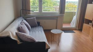 埃森Single-Apartment Essen的带沙发和大窗户的客厅