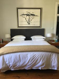 斯泰伦博斯Just Joey Lodge的卧室配有一张带白色床单和枕头的大床。