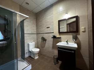 热舒夫梅什科酒店的浴室配有卫生间、盥洗盆和淋浴。