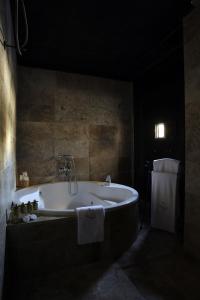 门希瓦尔HOTEL PALACIO DE MENGIBAR的一间位于黑暗客房内的带浴缸的浴室