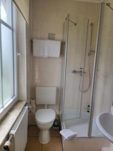 韦斯特兰Villa Wally的浴室配有卫生间、淋浴和盥洗盆。