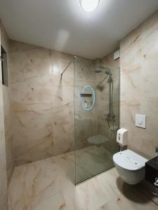 地拉那Clinton Tirana Inn的一间带玻璃淋浴和卫生间的浴室
