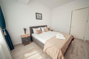 雅西COZY APARTHOTEL - Ultracentral Luxury Apartments Iasi的一间小卧室,配有床和床头柜
