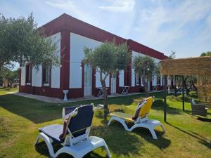 普罗斯西托角Il Casale di Punta Prosciutto的两把椅子坐在建筑物前面的草上