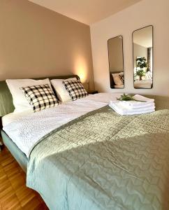 苏黎世New Studio with sunny terrace的一间卧室配有一张带两面镜子的大床